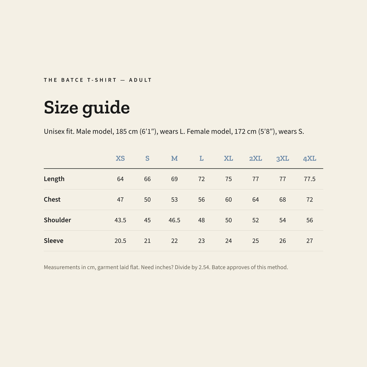 Size guide for The Just Right T-Shirt – Adult: measurements in cm, garment laid flat