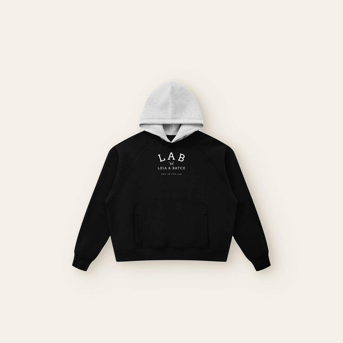 The Batce Lab Raglan Hoodie – Adult in Black / Heather Gray, laid flat