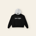 Just Right Lettering Raglan Fleece Hoodie – Adult in Black / Heather Gray, laid flat