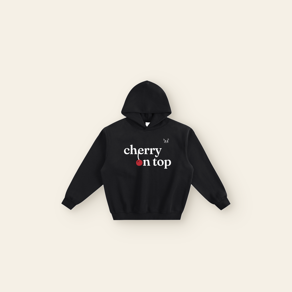 Cherry on Top Lettering Boxy Fleece Hoodie – Adult in Black, laid flat