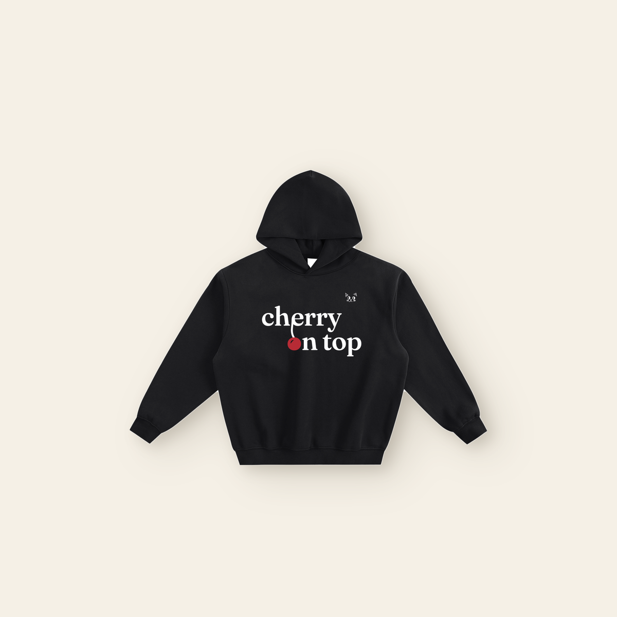 Cherry on Top Lettering Boxy Fleece Hoodie – Adult in Black, laid flat