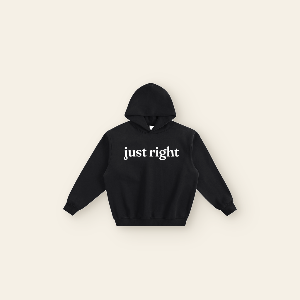 Just Right Lettering Boxy Fleece Hoodie – Adult in Black, laid flat