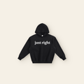 Just Right Lettering Boxy Fleece Hoodie – Adult in Black, laid flat