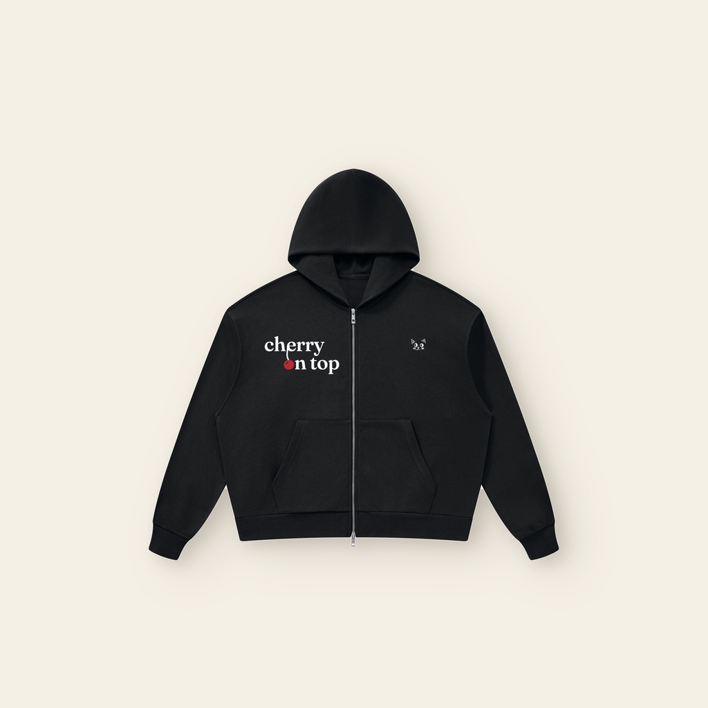 Cherry on Top Lettering Zip Hoodie – Adult in Black, laid flat