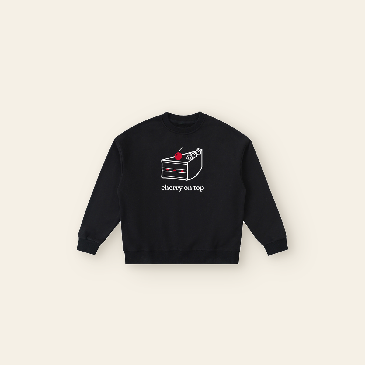 Cherry on Top Cake Fleece Sweatshirt – Kids in Black, laid flat