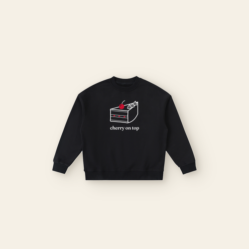 Cherry on Top Cake Fleece Sweatshirt – Kids in Black, laid flat