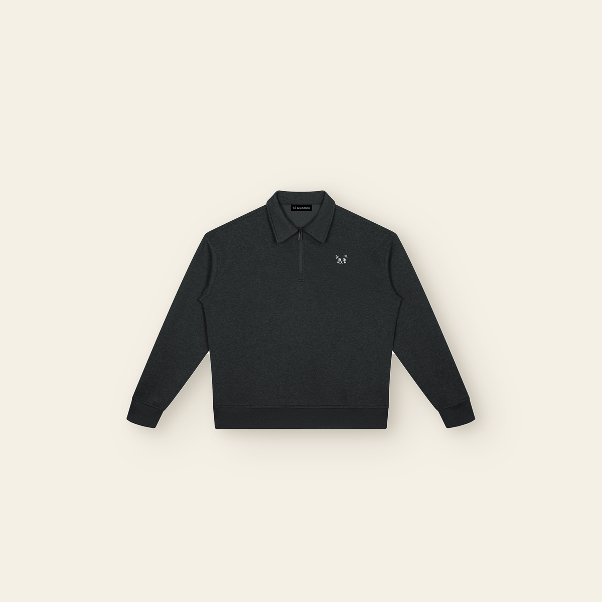 The Batce Boxy Quarter-Zip Sweatshirt – Adult in Black, laid flat