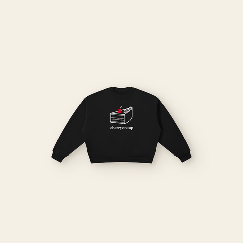Cherry on Top Cake Boxy Fleece Sweatshirt – Adult in Black, laid flat