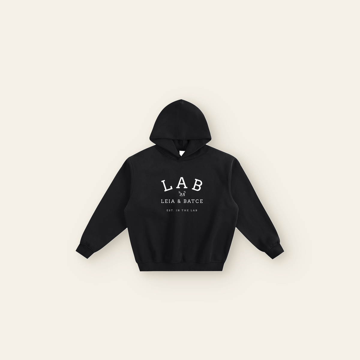 The Batce Lab Boxy Hoodie – Adult in Black, laid flat