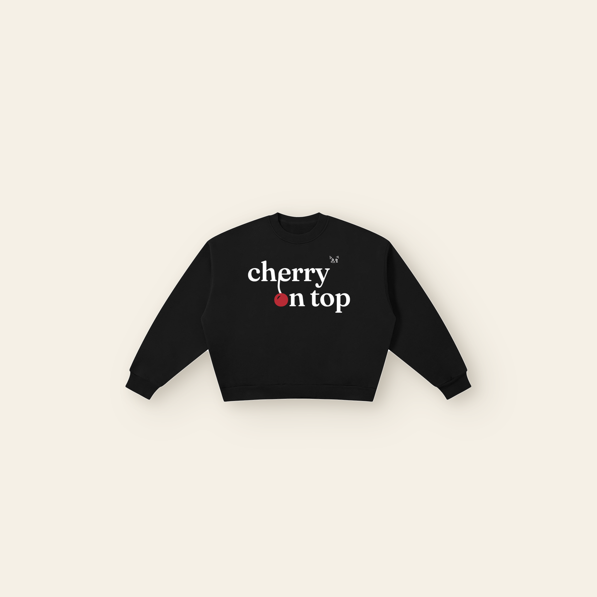 Cherry on Top Lettering Boxy Fleece Sweatshirt – Adult in Black, laid flat