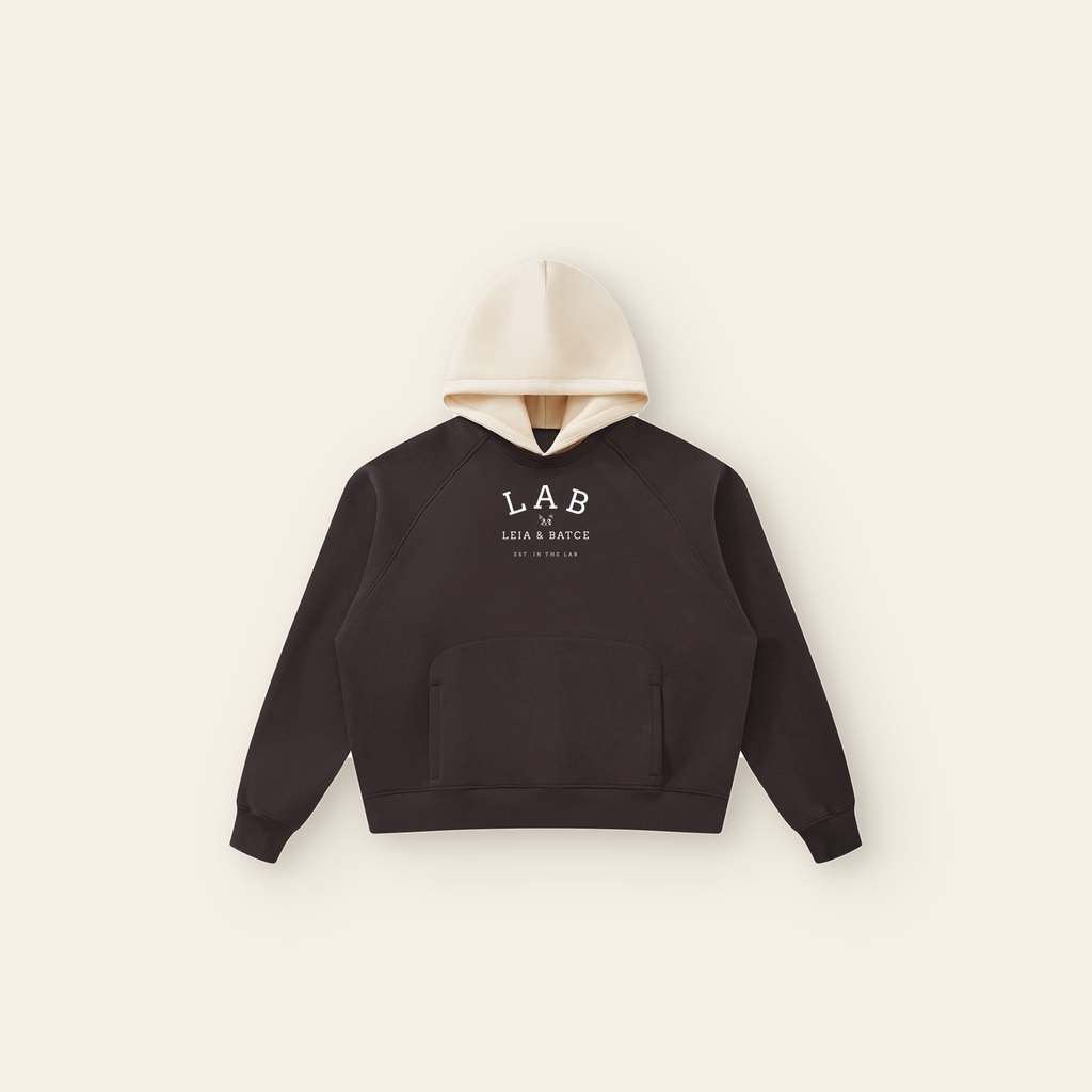 The Batce Lab Raglan Hoodie – Adult in Brown / Peach, laid flat