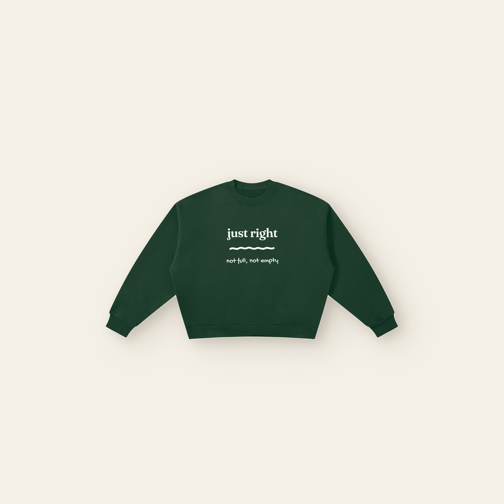 Just Right Full Lettering Boxy Fleece Sweatshirt – Adult in Dark Green, laid flat