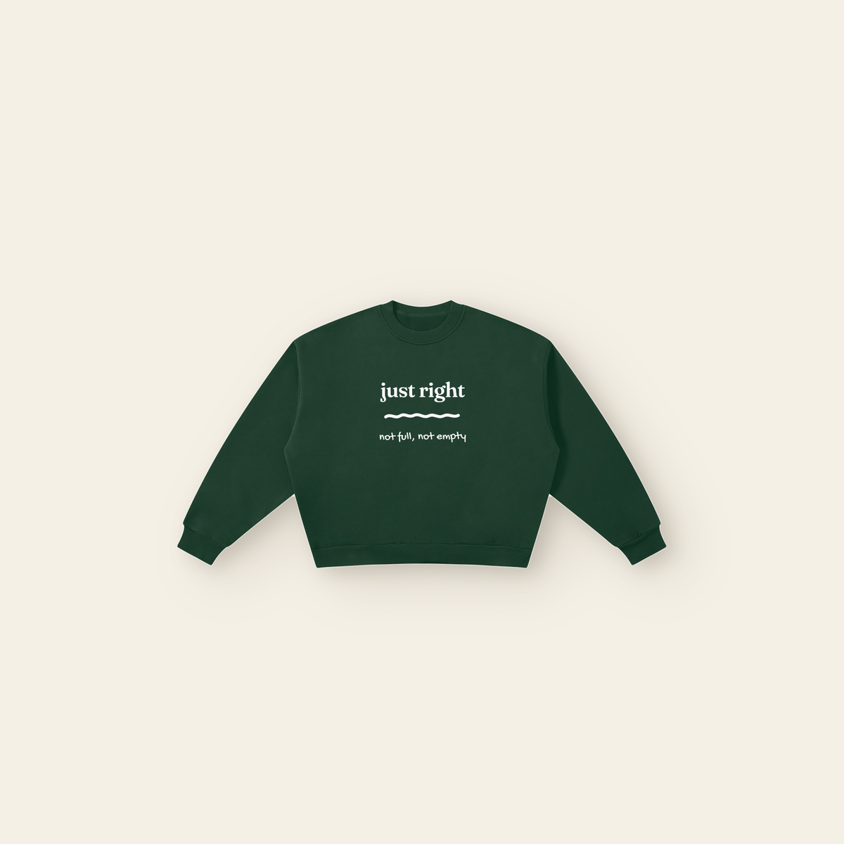 Just Right Full Lettering Boxy Fleece Sweatshirt – Adult in Dark Green, laid flat