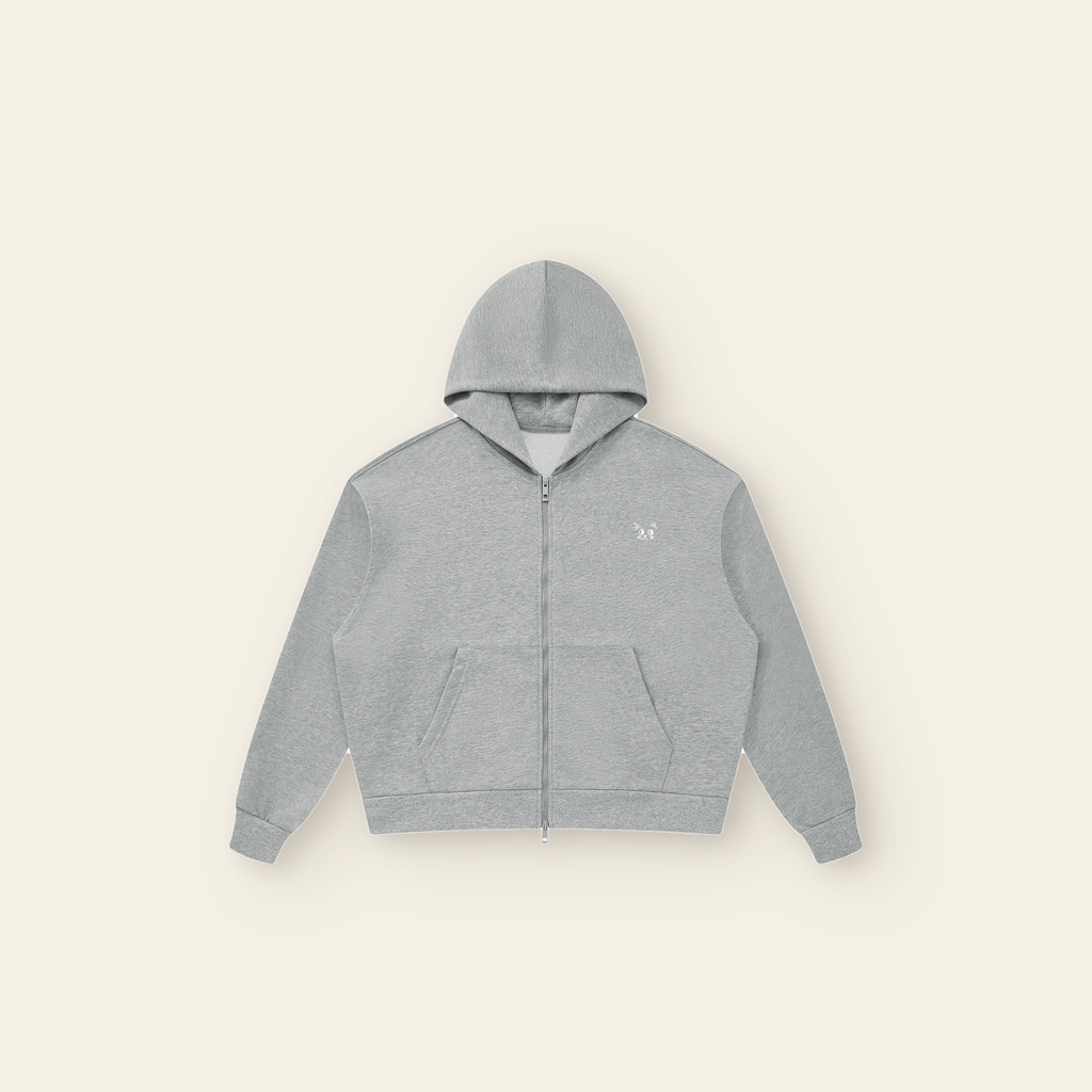 Just Right Back Lettering Zip Hoodie – Adult in Heather Gray, laid flat
