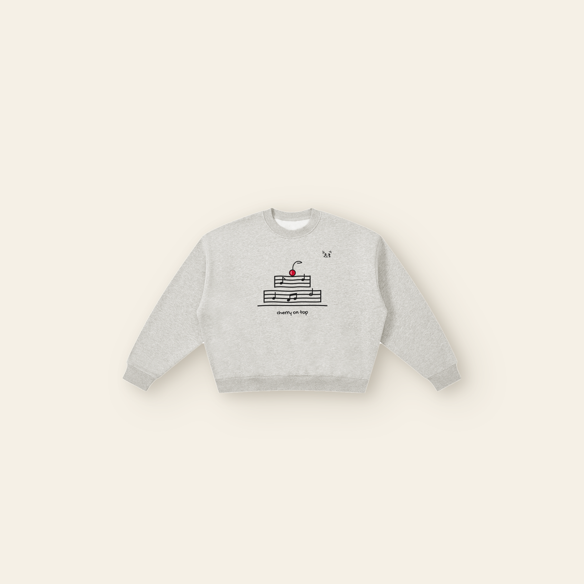 Cherry on Top Cake Stack Boxy Fleece Sweatshirt – Adult in Heather Gray, laid flat
