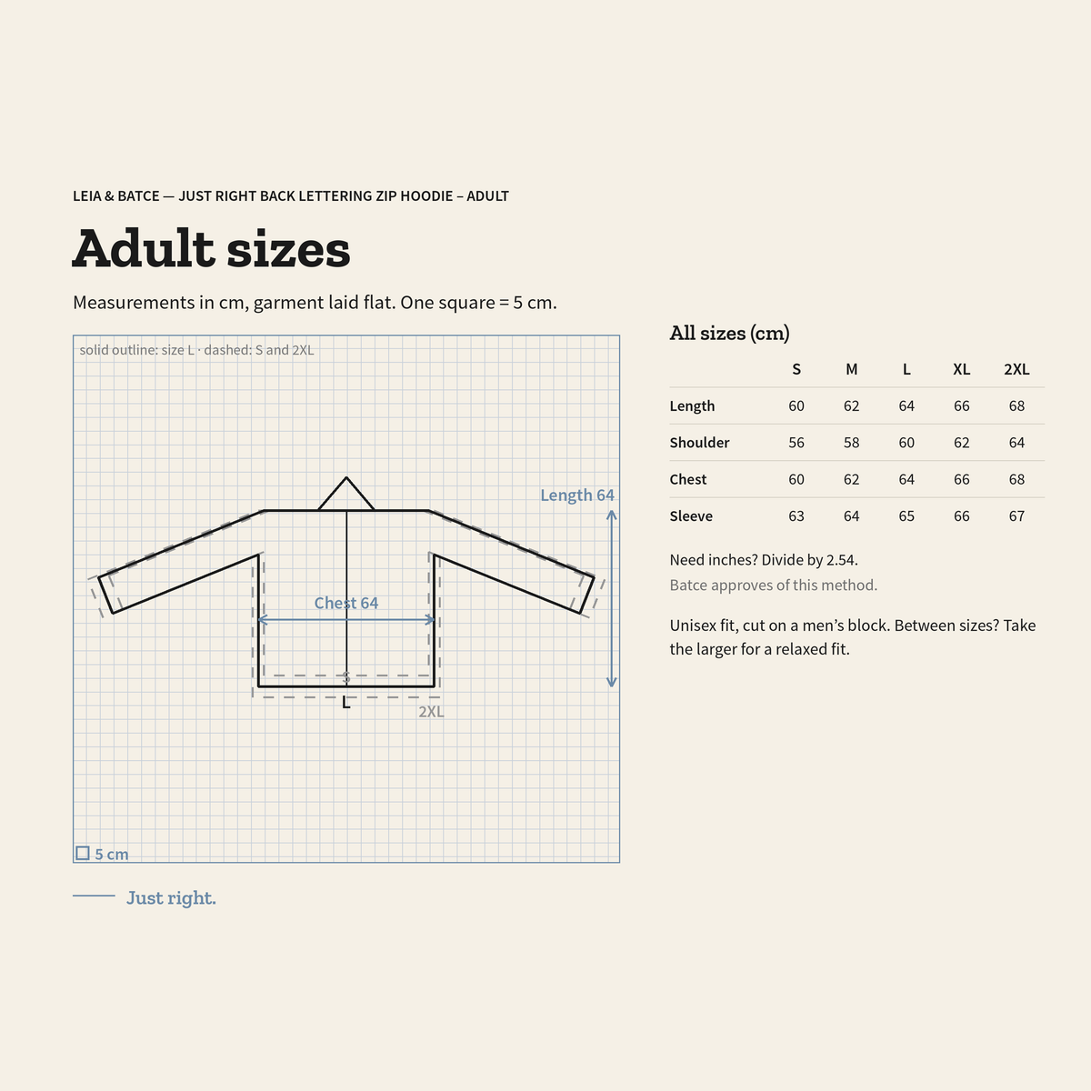 Size guide for Just Right Back Lettering Zip Hoodie – Adult: measurements in cm, garment laid flat