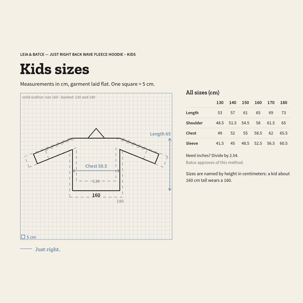 Size guide for Just Right Back Wave Fleece Hoodie – Kids: measurements in cm, garment laid flat