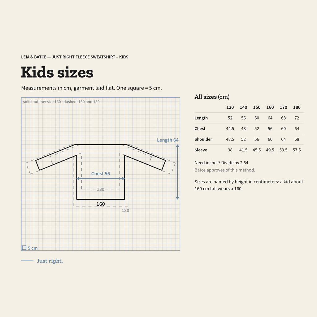 Size guide for Just Right Fleece Sweatshirt – Kids: measurements in cm, garment laid flat