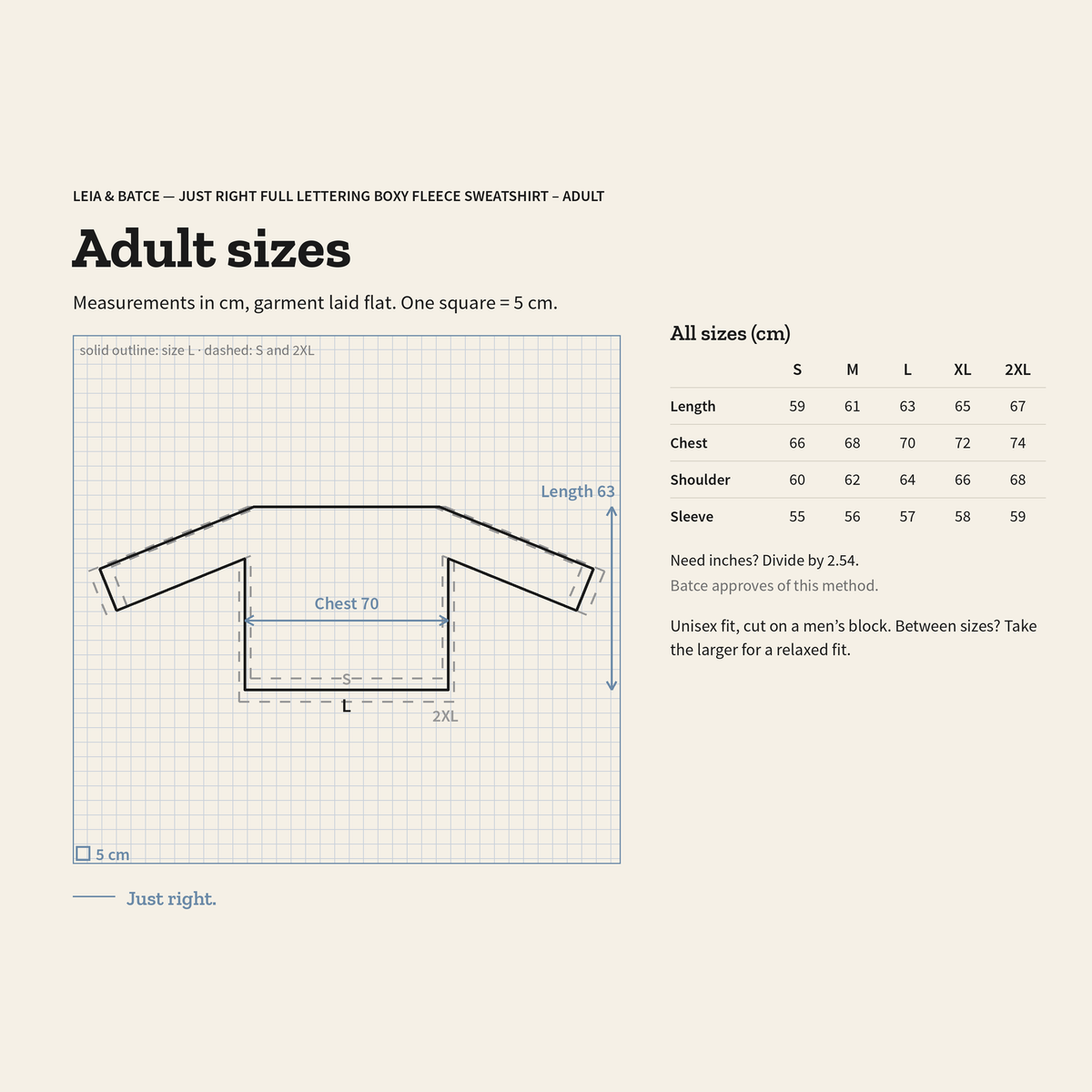 Adult size guide, measurements in centimeters, garment laid flat