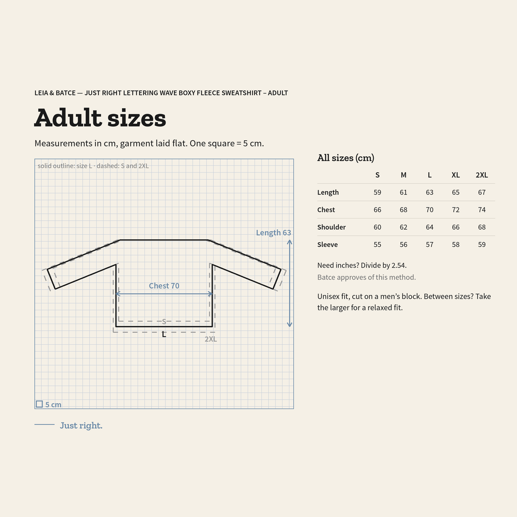 Size guide for Just Right Lettering Wave Boxy Fleece Sweatshirt – Adult: measurements in cm, garment laid flat