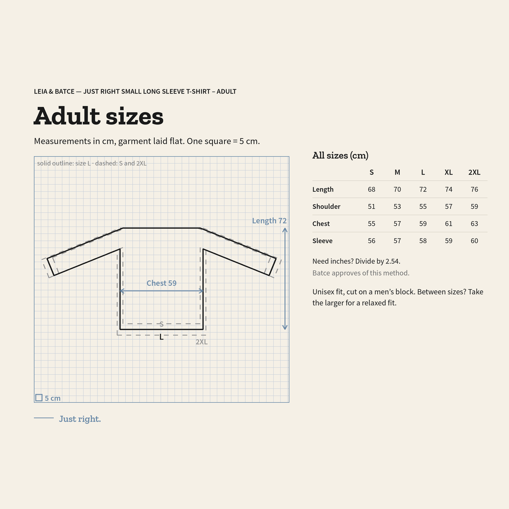 Adult size guide, measurements in centimeters, garment laid flat