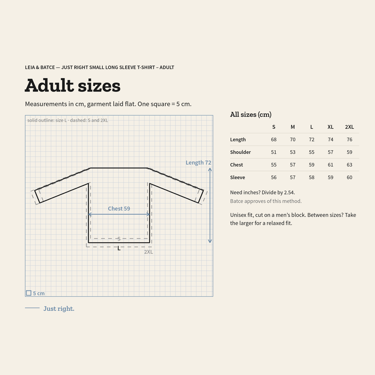 Adult size guide, measurements in centimeters, garment laid flat