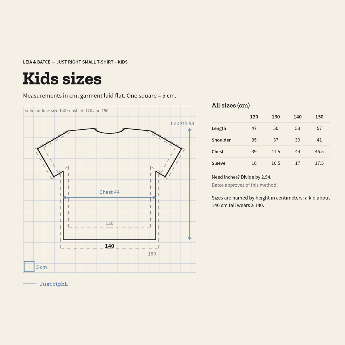 Kids size guide, measurements in centimeters, garment laid flat
