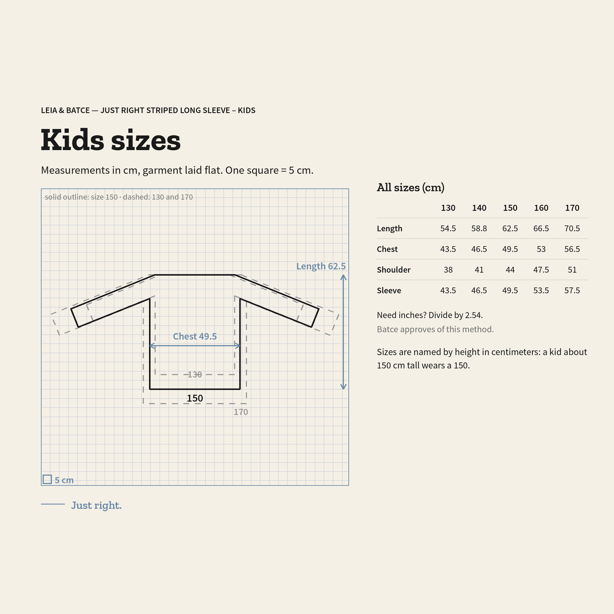 Size guide for Just Right Striped Long Sleeve – Kids: measurements in cm, garment laid flat