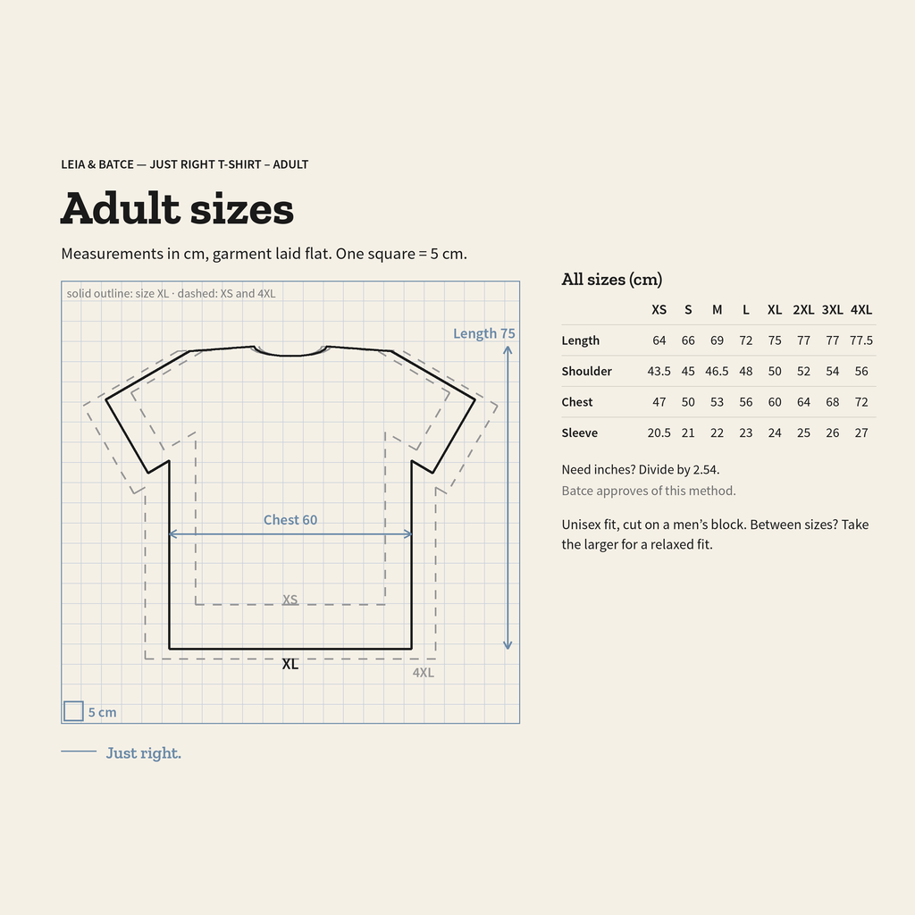 Adult size guide, XS to 4XL, measurements in centimeters