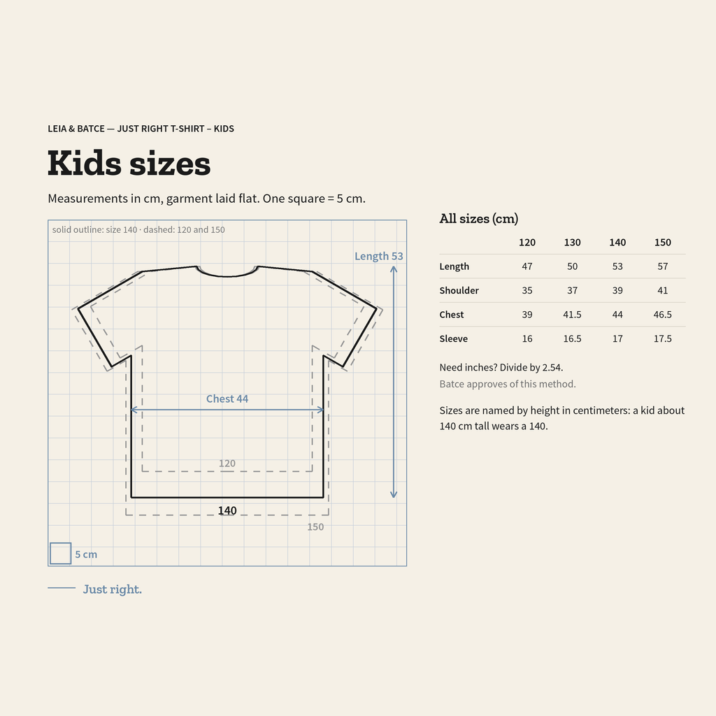 Kids size guide, 120 to 150 by height, measurements in centimeters