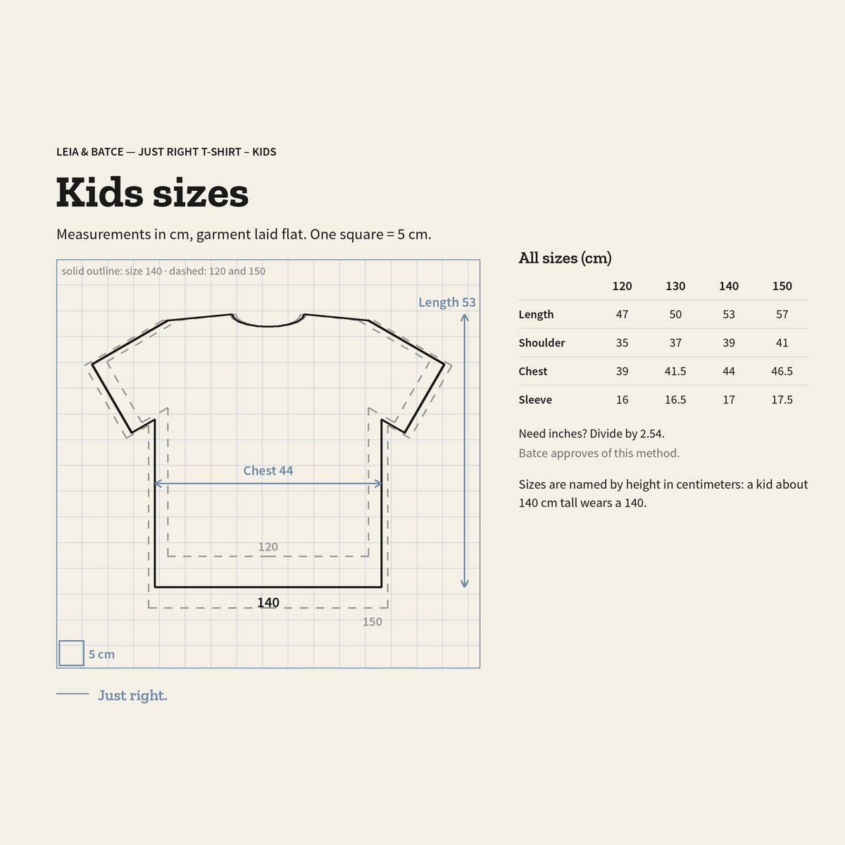 Kids size guide, 120 to 150 by height, measurements in centimeters
