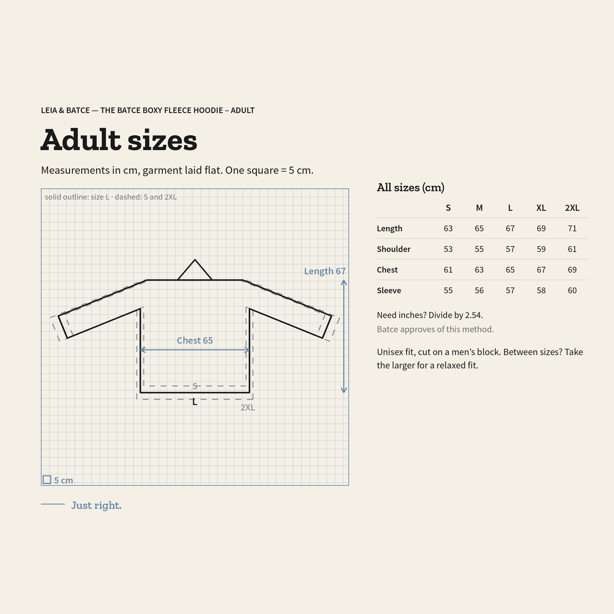 Size guide for The Batce Boxy Fleece Hoodie – Adult: measurements in cm, garment laid flat