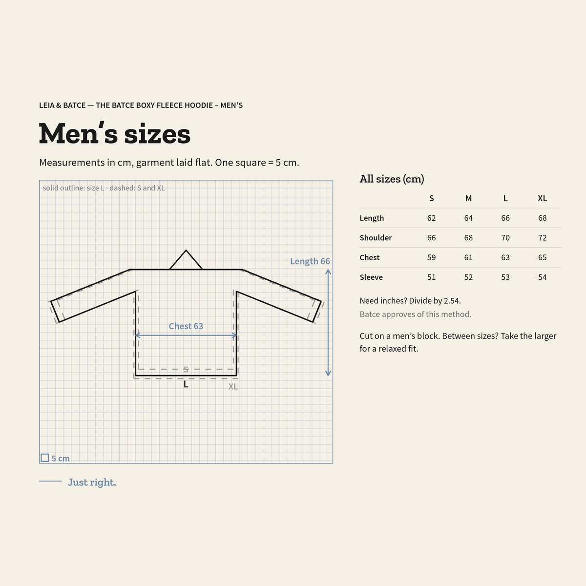 Size guide for The Batce Boxy Fleece Hoodie – Men's: measurements in cm, garment laid flat
