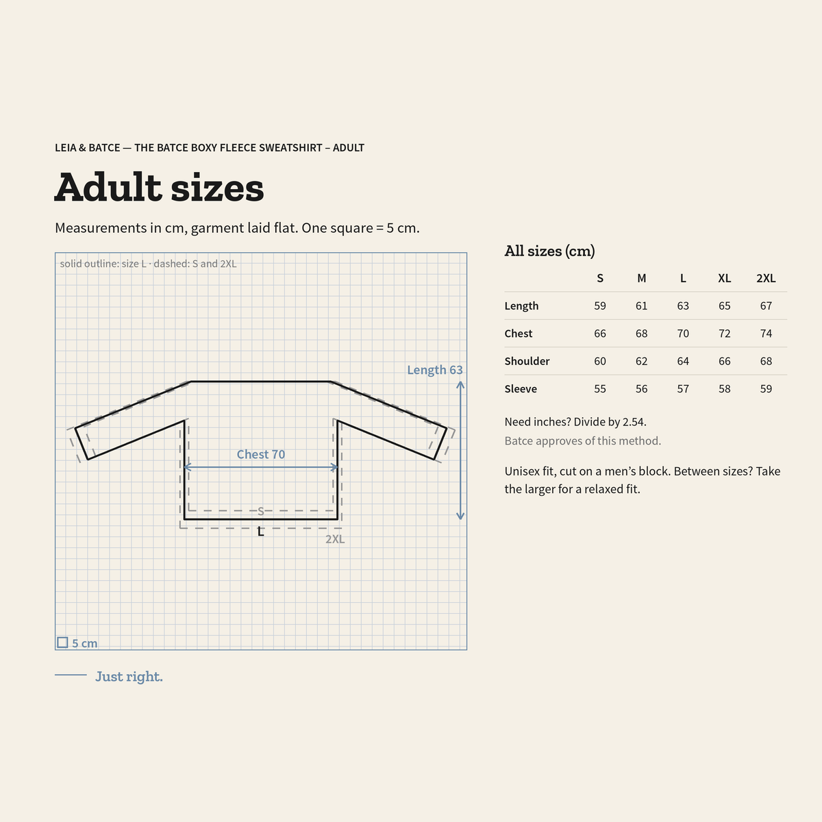 Size guide for The Batce Boxy Fleece Sweatshirt – Adult: measurements in cm, garment laid flat