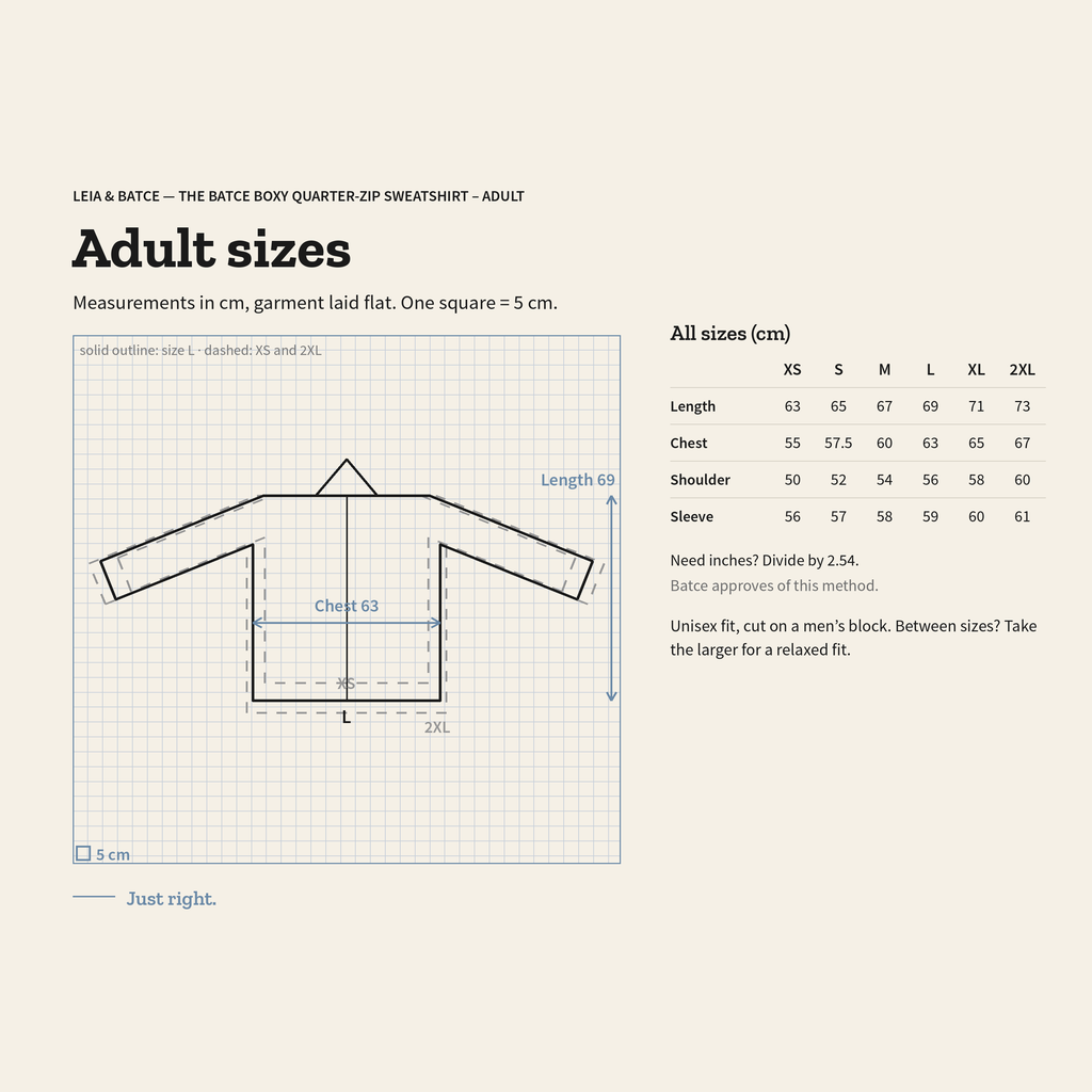 Size guide for The Batce Boxy Quarter-Zip Sweatshirt – Adult: measurements in cm, garment laid flat