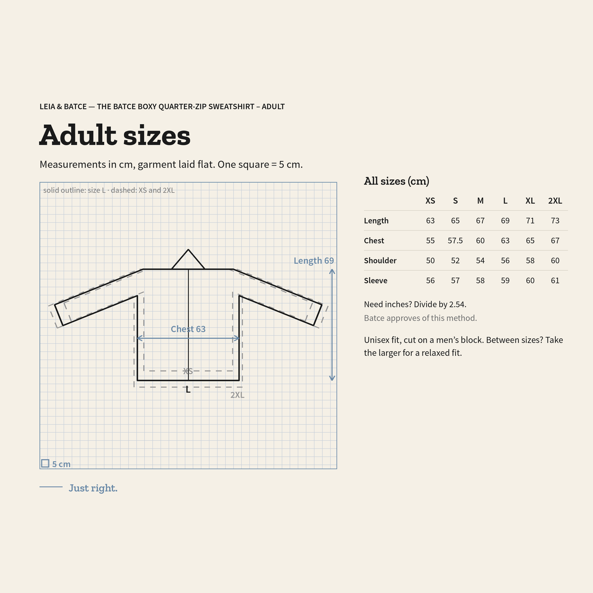 Size guide for The Batce Boxy Quarter-Zip Sweatshirt – Adult: measurements in cm, garment laid flat