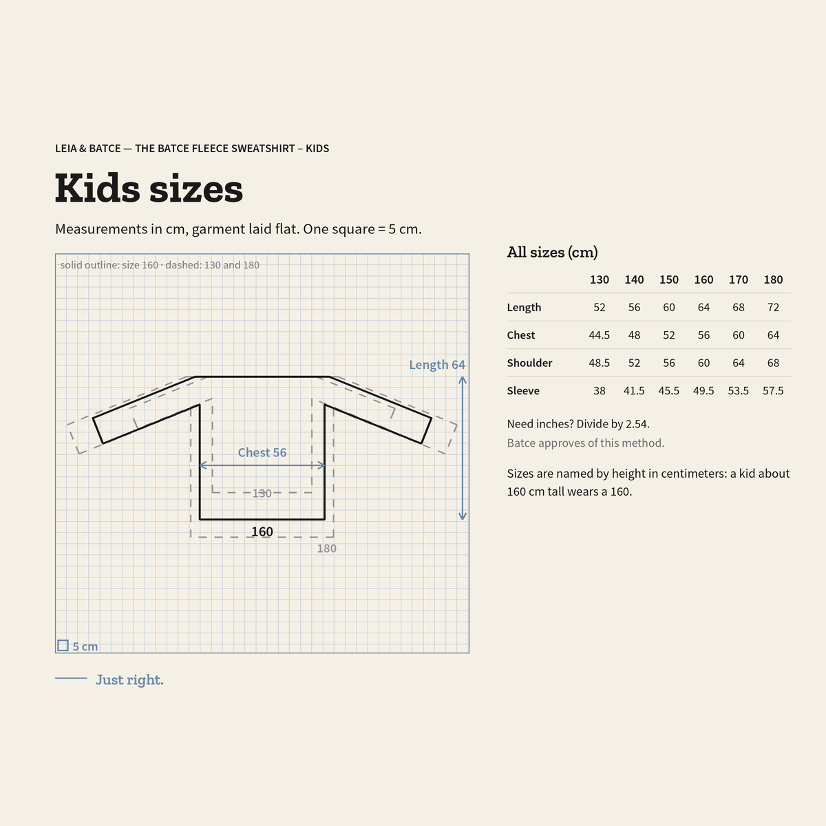 Size guide for The Batce Fleece Sweatshirt – Kids: measurements in cm, garment laid flat