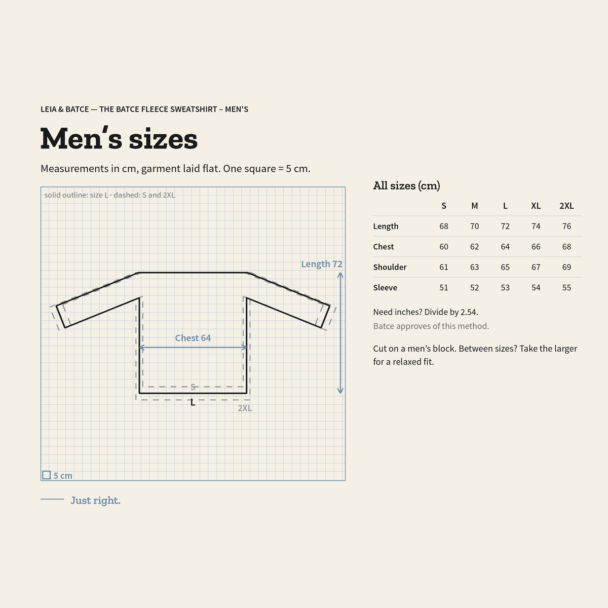 Size guide for The Batce Fleece Sweatshirt – Men's: measurements in cm, garment laid flat