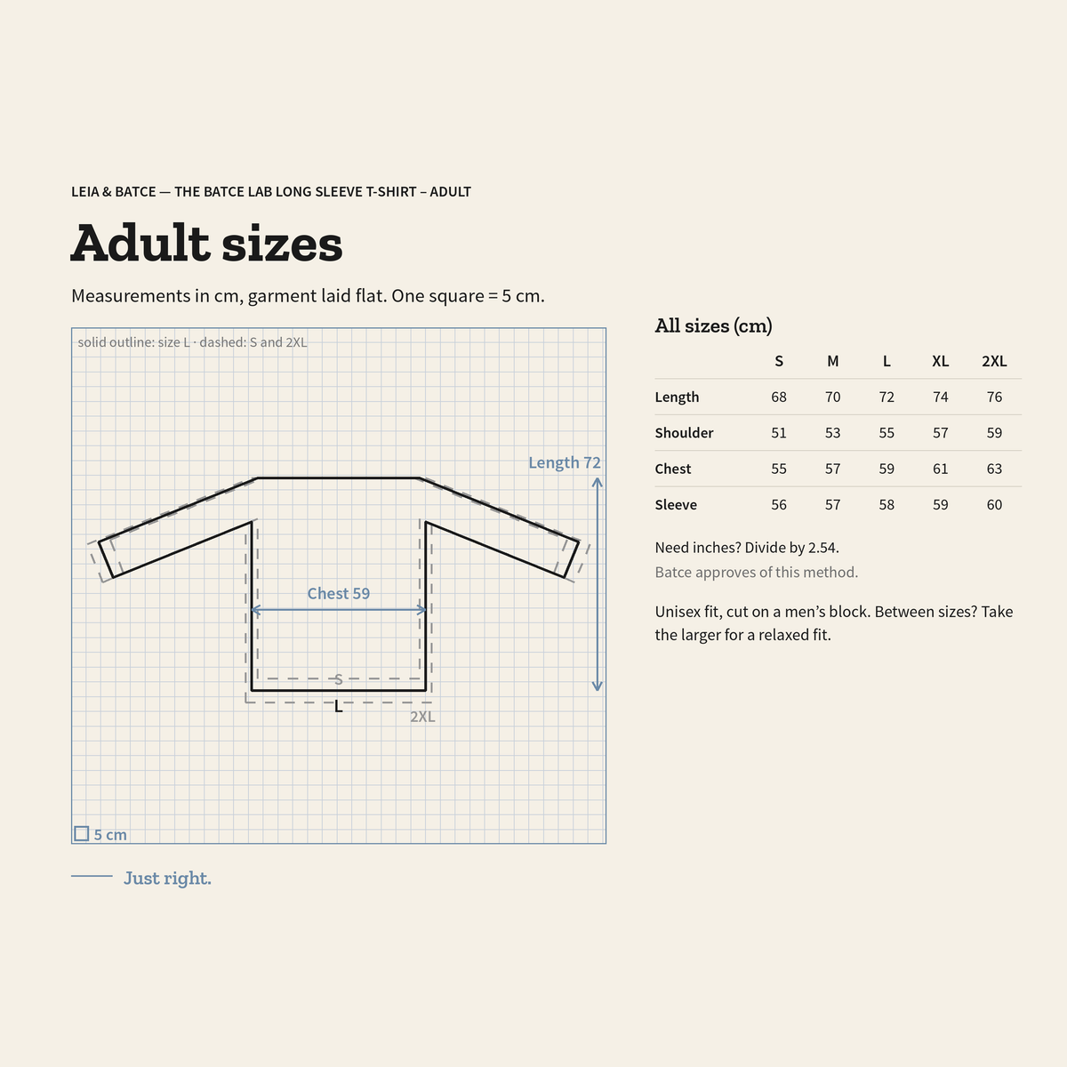 Adult size guide, measurements in centimeters, garment laid flat