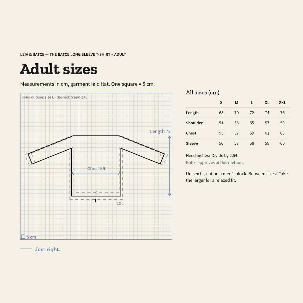 Adult size guide, measurements in centimeters, garment laid flat
