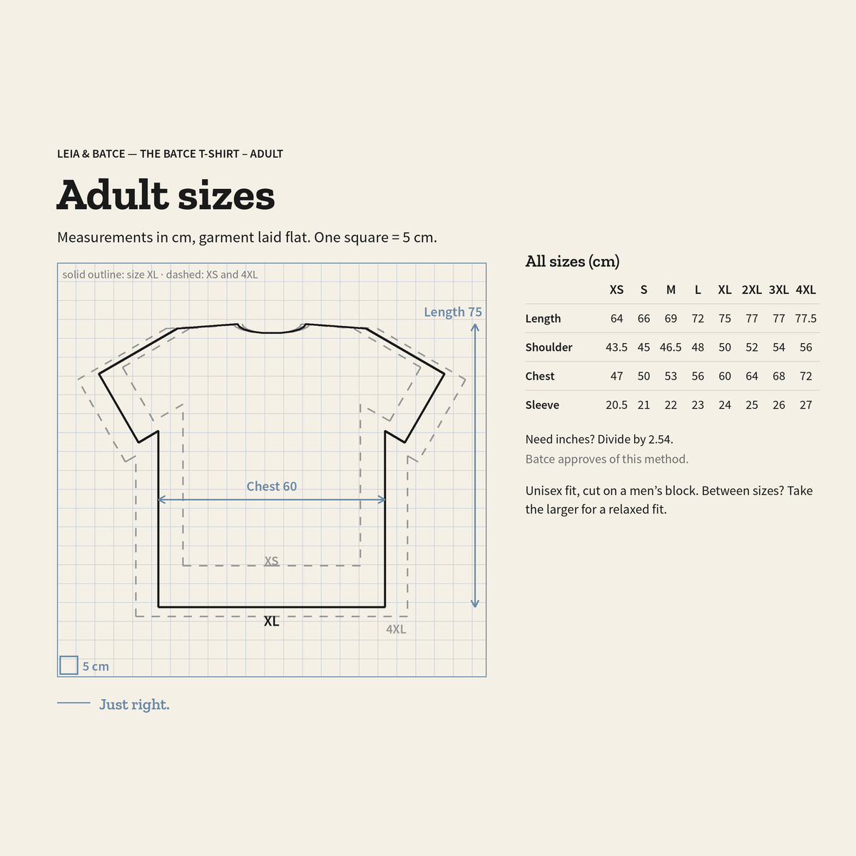 Adult size guide, XS to 4XL, measurements in centimeters