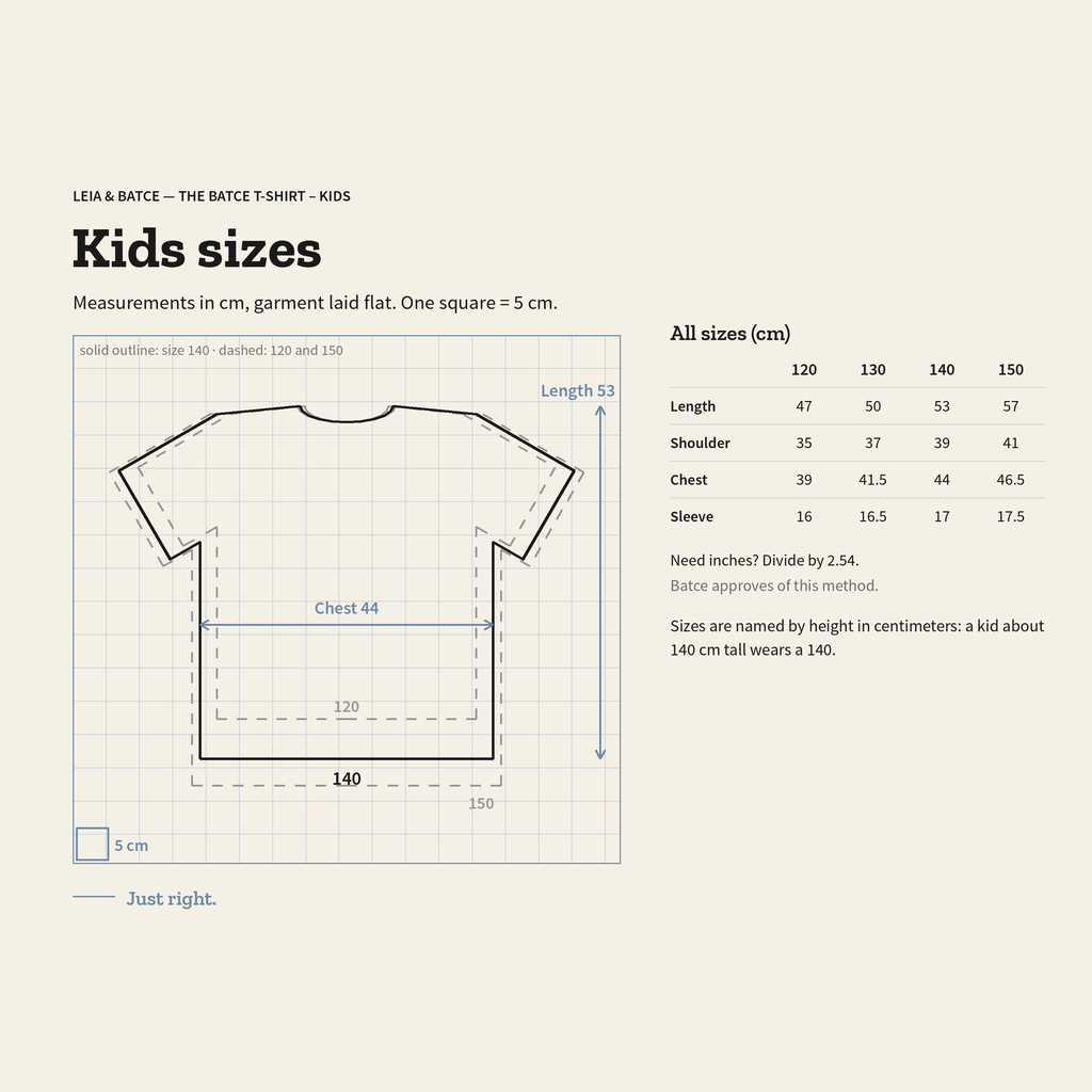 Kids size guide, 120 to 150 by height, measurements in centimeters