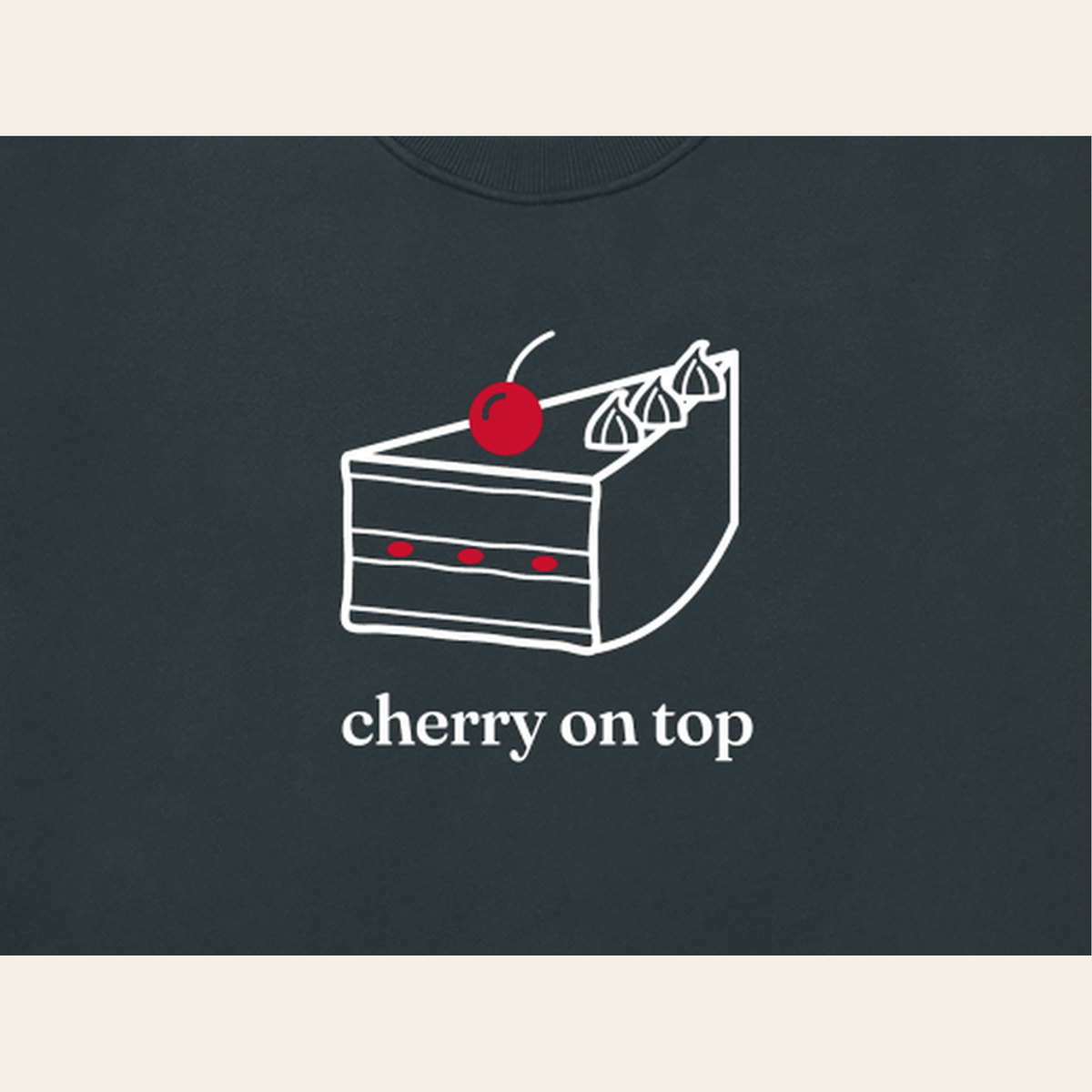 Close-up of the Cherry on Top mark printed on the Navy Blue sweatshirt